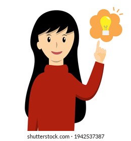 Young woman pointing up at light bulb cartoon vector. Creating new idea concept.