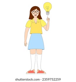 Young woman pointing at light bulb. Concept of creativity,  good idea, life hack, important thought. Finding solution, insight. Discover something new. Brainstorming