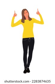 Young woman pointing up on white background.