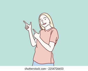 Young woman pointing to the side with his hands finger simple korean style illustration