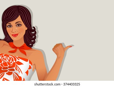Young woman pointing at something background