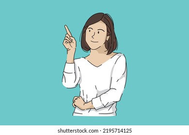 Young woman is pointing at something. Flat image. Vector Image