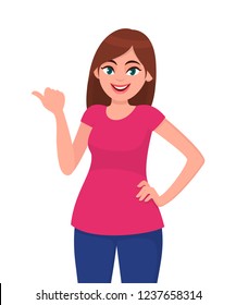 Young woman pointing thumb finger to copy space side away. Girl holding hand on hip and presenting or introducing something. Human emotion and gesture concept illustration in vector cartoon style.
