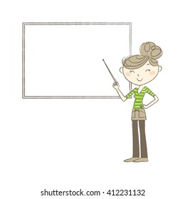 A young woman pointing at whiteboard with a pointer