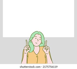 Young woman points above shows place for your advertising text. Hand drawn in thin line style, vector illustrations.