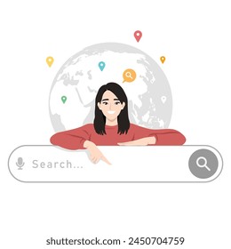 Young woman points finger to address bar, search engine where to enter query in browser on Internet. Flat vector illustration isolated on white background