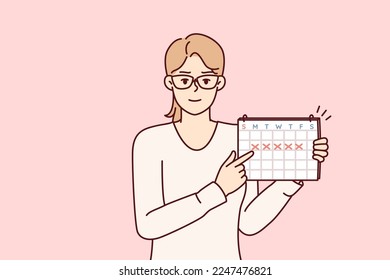 Young woman points finger at calendar with marks recommending time management or paying attention to date. Girl secretary in glasses announces important upcoming event. Flat vector illustration