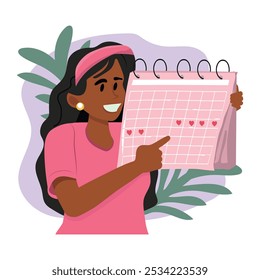 Young woman points finger at calendar with marks recommending time management or paying attention to menstruation date. female health, vector illustration.