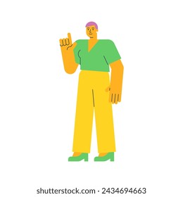 Young woman points finger up and smiling. Vector Illustration