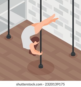 Young woman pole dancing at studio isometric background vector illustration