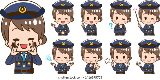 Young woman police officer illustration set