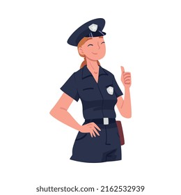 Young Woman Police Officer in Uniform Showing Thumb Up and Smiling Vector Illustration