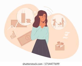 Young woman pondering her choice of finances or investments for raising a young family surrounded by dollar notes and charts, vector illustration