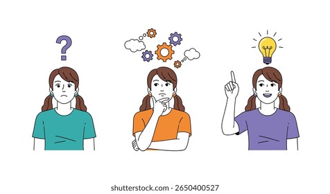 Jovem mulher ponderando com a pergunta, em seguida, pensando com engrenagens, em seguida, tendo ideia de lâmpada