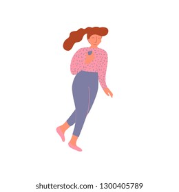 Young Woman With Ponytail Hair Style Wearing Pink Blouse and Gray Trousers Vector Illustration
