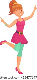 Young woman with ponytail, pink top and turquoise leggings is dancing and pointing with index fingers up and to the sides