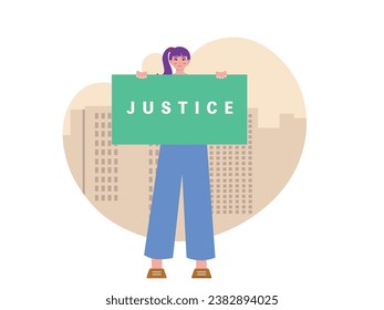 Young woman with ponytail standing with a sign asking for justice, demonstrating in the city. Design character. Vector flat illustration