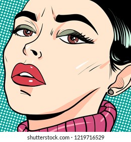 Young woman pop art. Advertising poster or invitation to a party in a comic style. Vector illustration.