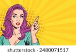A young woman in pop art style points her finger at something. On a yellow background. Pop art in vector comic style