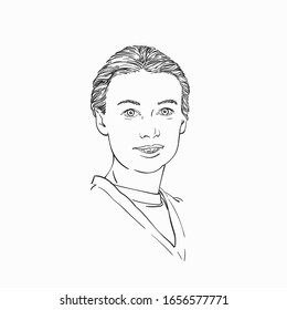 Young woman portrait with combed hair and V shape neckline, Vector sketch, Hand drawn illustration
