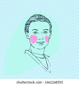 Young woman portrait with combed hair and V shape neckline with purple cheeks on Aqua menthe color abstract streamlined shape on diagonal striped square, Vector sketch, Hand drawn illustration