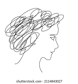 Young woman portrait drawn by single line. Beautiful girl with black curly hair, sleeping or dreaming with her eyes closed, side view. Continuous line drawing