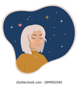 Young woman portrait. Dreamy, brooding, in love, happy, smiling, kind girl. Female character with short blond hair on a dark starry background. Vector illustration.