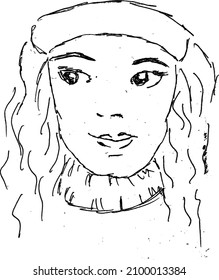 Young woman, portrait. Hand drawn ink retro illustration black