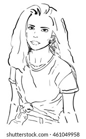 Young woman portrait. Modern girl sketch. Line drawing. Wallpaper, cloth design, fabric, paper, cover, textile, weave, wrapping.