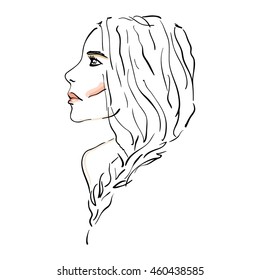Young woman portrait  with red lips. Modern girl sketch. Line drawing. Wallpaper, cloth design, fabric, paper, cover, textile, weave, wrapping.