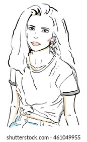 Young woman portrait with red lips. Modern girl sketch. Line drawing. Wallpaper, cloth design, fabric, paper, cover, textile, weave, wrapping.