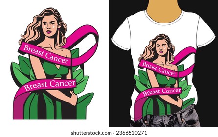 Young woman portrait vector design, with pink color ribbon, green and black color dress, slogan Brest cancer awareness month. 