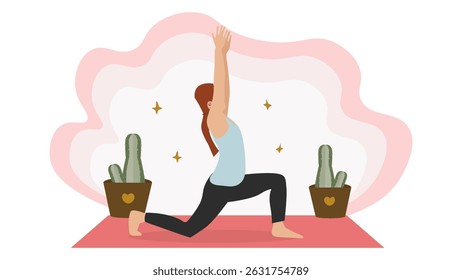 Young woman pose asana yoga or vrksasana pose vector illustration. Young woman doing exercise in living room. Flat design with grain grainy texture, copy space, pastel color. Illustration young woman