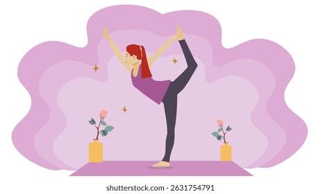 Young woman pose asana yoga or vrksasana pose vector illustration. Young woman doing exercise in living room. Flat design with grain grainy texture, copy space, pastel color. Illustration young woman