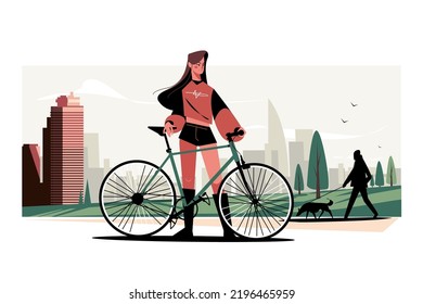 Young woman pose with bike in city park vector illustration. Sportswoman on evening ride flat style. Hobby, leisure, sport lifestyle concept