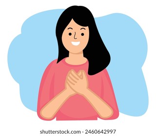young woman pose holding hands on chest with flattered smile