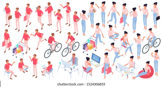 Young woman poses and activities flat design isometric vector ready to animation character set.