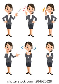 Young woman poses a set of wearing a wireless headset. Operator such as