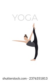 A young woman poses in a yoga pose. A version of the characters of yoga poses.