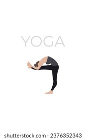 A young woman poses in a yoga pose. A version of the characters of yoga poses.