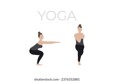 A young woman poses in a yoga pose. A version of the characters of yoga poses.