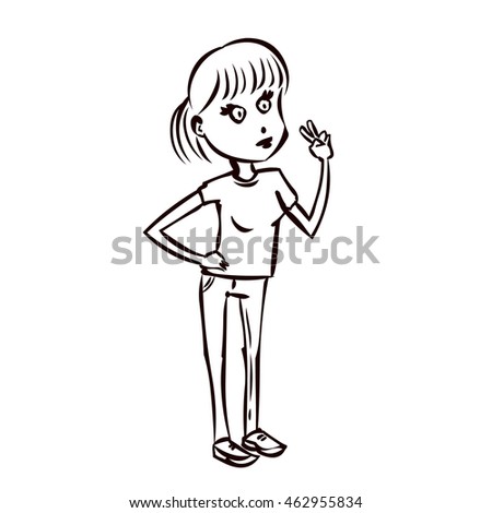 Young woman posing. Hand drawn vector illustration.