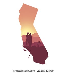 Young woman posing with surfboard. Brush paint backdrop. Double exposure effect with map of California. Sunset landscape