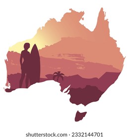 Young woman posing with surfboard. Brush paint backdrop. Double exposure effect with map of Australia. Sunset landscape