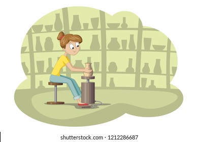 Young woman in pottery, cartoon vector illustration
