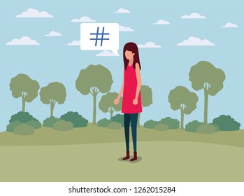 young woman with pound key in speech bubble on the camp