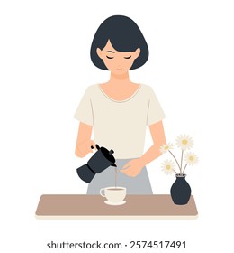 Young Woman Pouring Coffee at Table Morning Routine