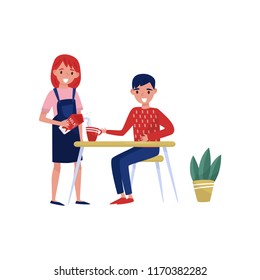 Young woman pouring fresh milk in husband s coffee cup. Smiling man sitting behind table. Flat vector illustration
