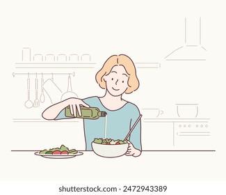 Young woman pouring olive oil in to the salad. Healthy lifestyle eating concept. Hand drawn style vector design illustrations.