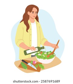 Young woman pouring olive oil into the salad of vegetable. Woman cook healthy dish. Healthy diet and lifestyle concept.